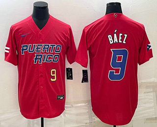 Mens Puerto Rico Baseball #9 Javier Baez Number 2023 Red World Baseball Classic Stitched Jerseys